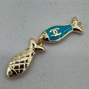 CHANEL Double Fish Charm Gold Tone Teal Enamel CC Logo Pendant Charm Zipper Pull